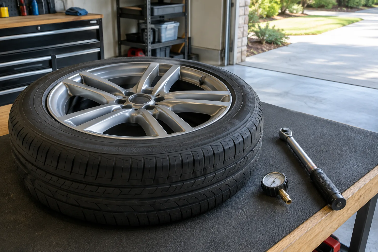 Wheel on a garage workbench ready to change a TPMS sensor, with a torque wrench and pressure gauge