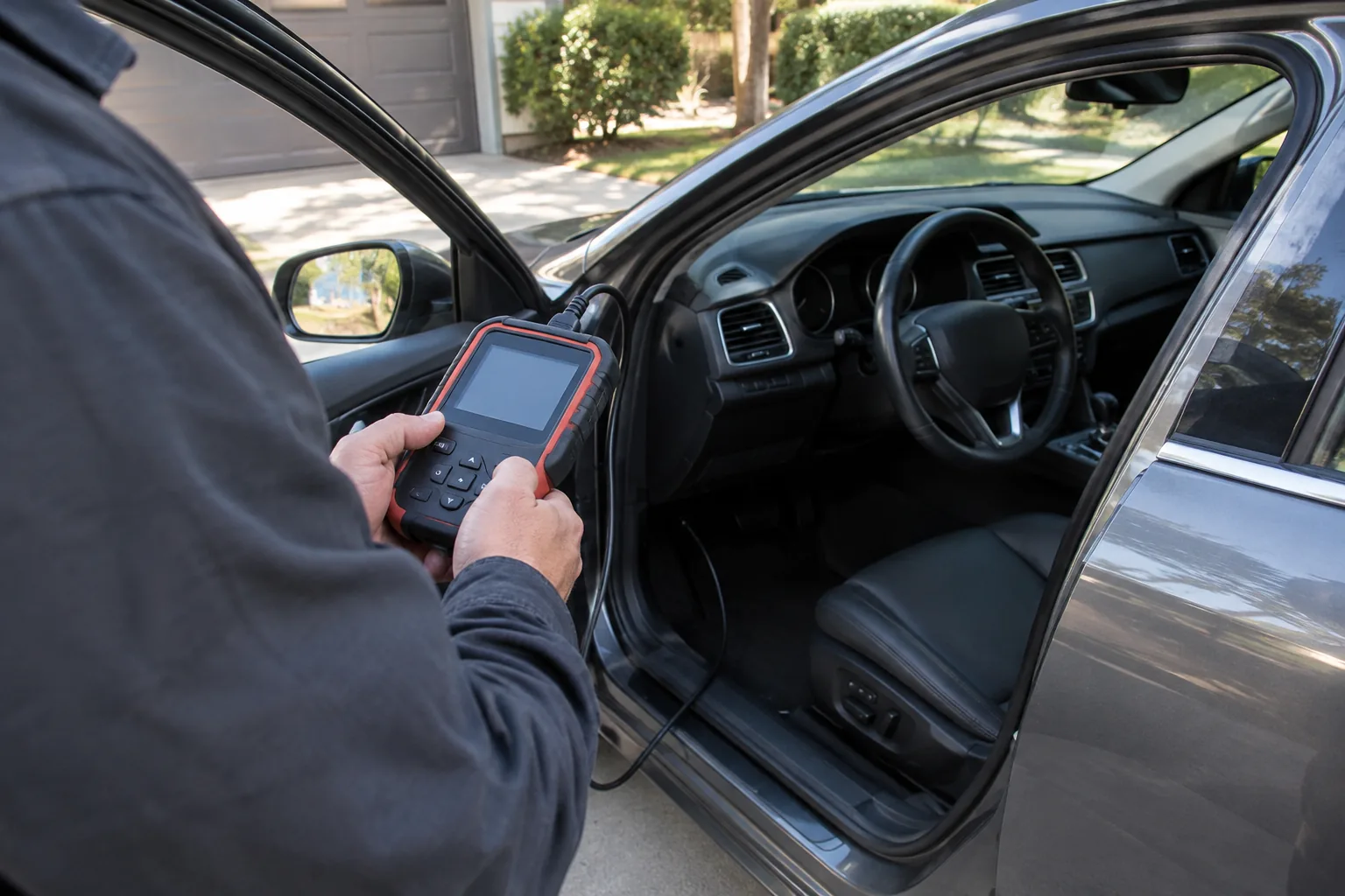 Hands holding a scan tool beside a parked car