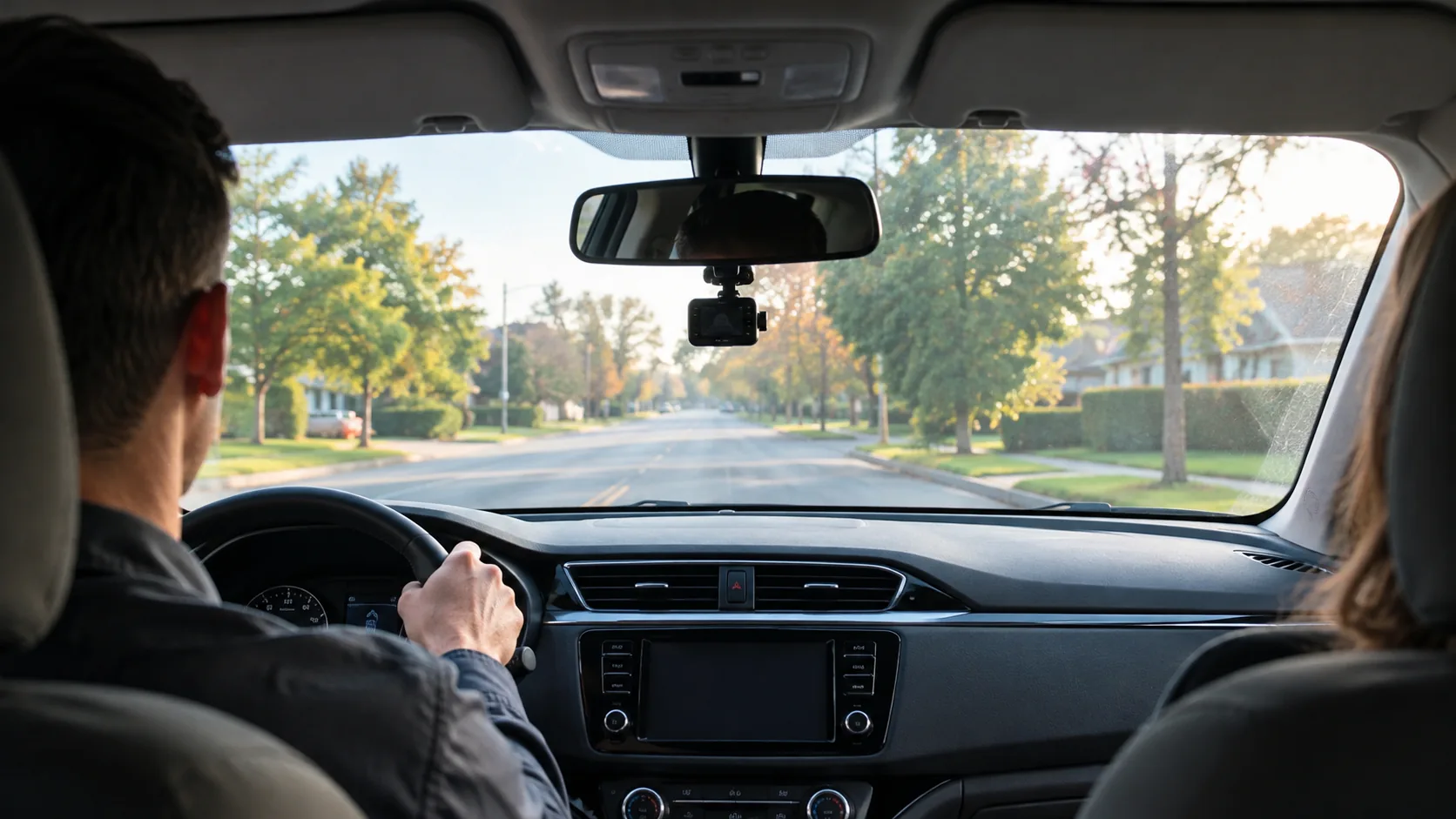 View through a car windshield on a suburban street with a dash cam mounted near the mirror