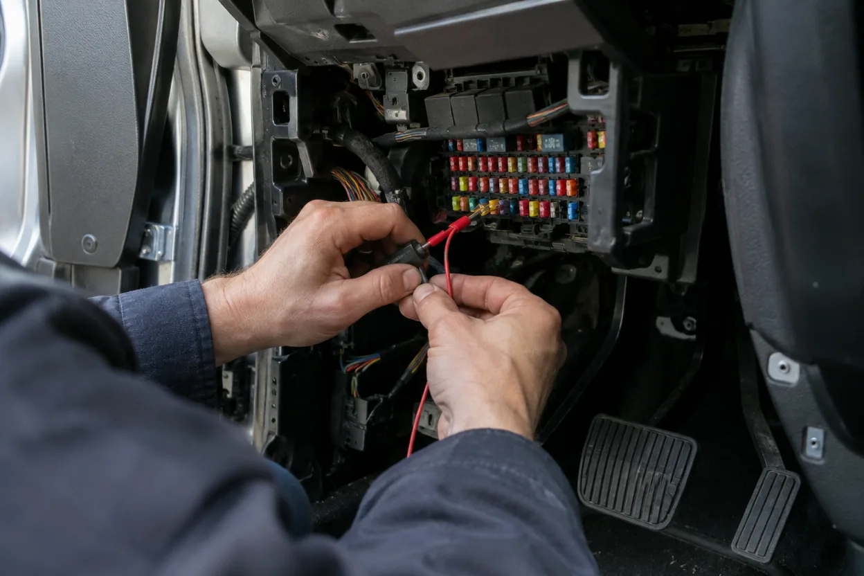 Hands working near the fuse box while fitting a good car dash cam hardwire cable