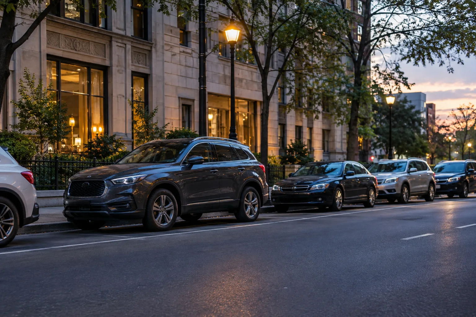 A parked car on a city street at dusk, where parking protection matters