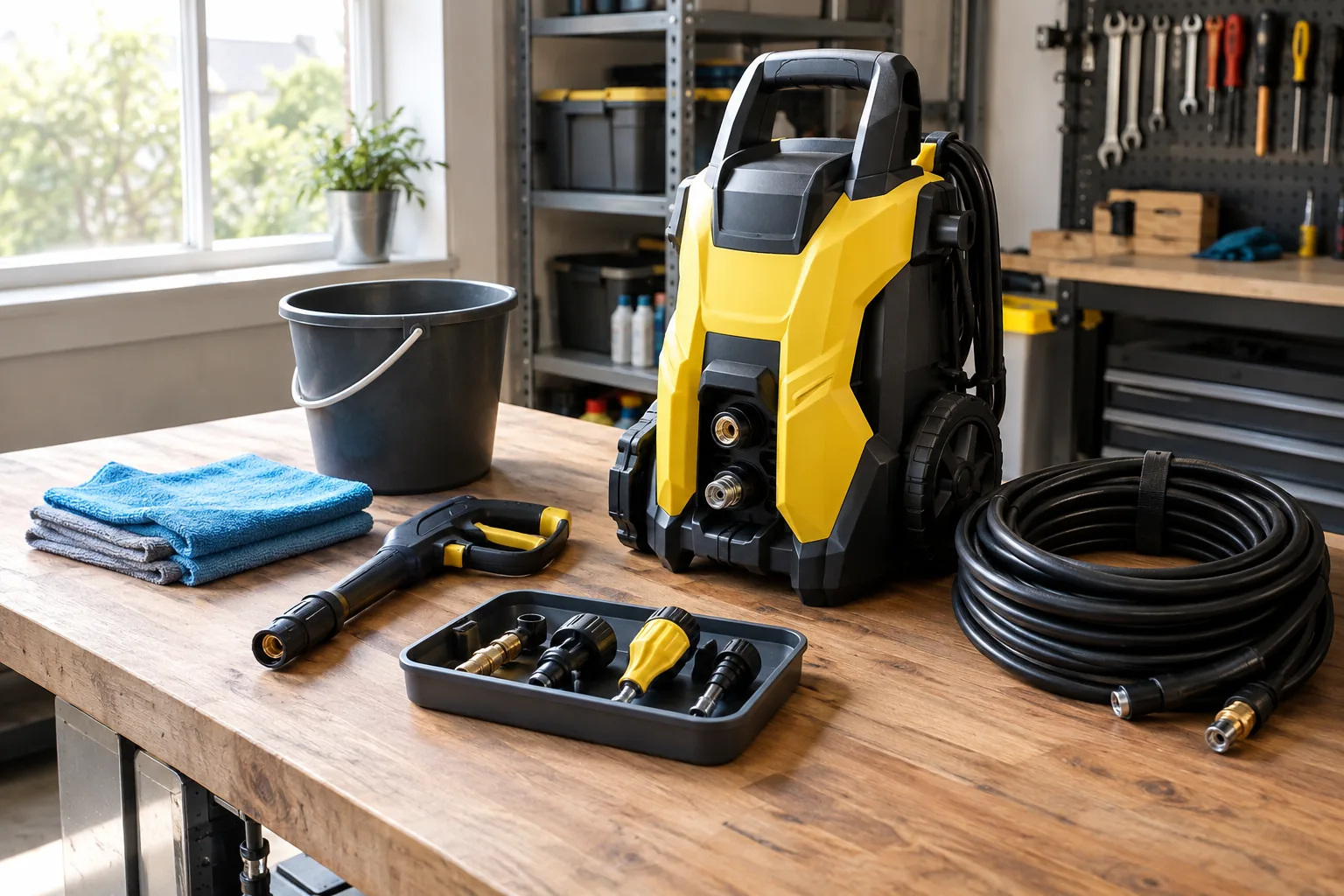 Garage workbench set up for pressure washer maintenance with hose, fittings and rags