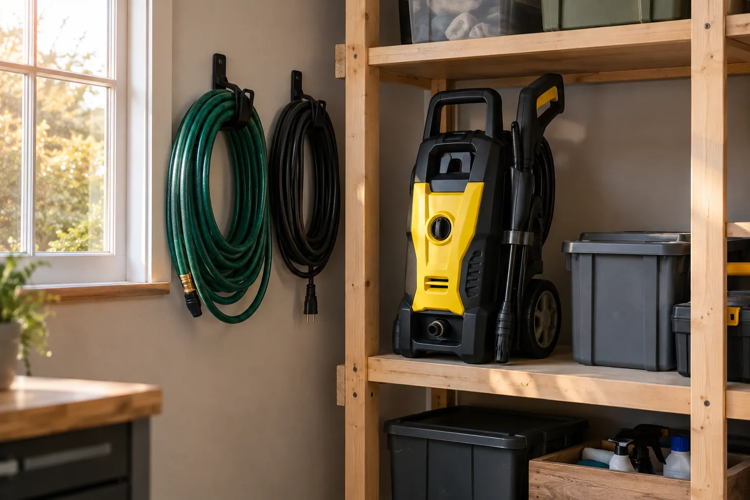 Pressure washer stored on a garage shelf with hose and cable coiled on hooks