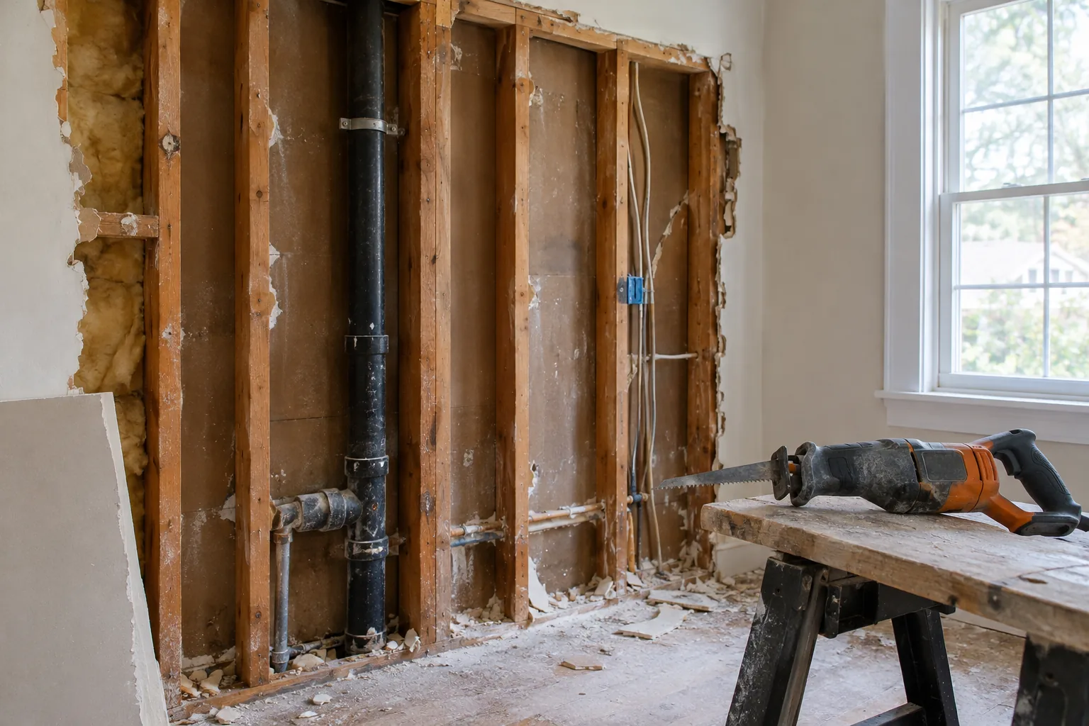 Exposed wall studs and pipe in a renovation, with a saw resting on a sawhorse