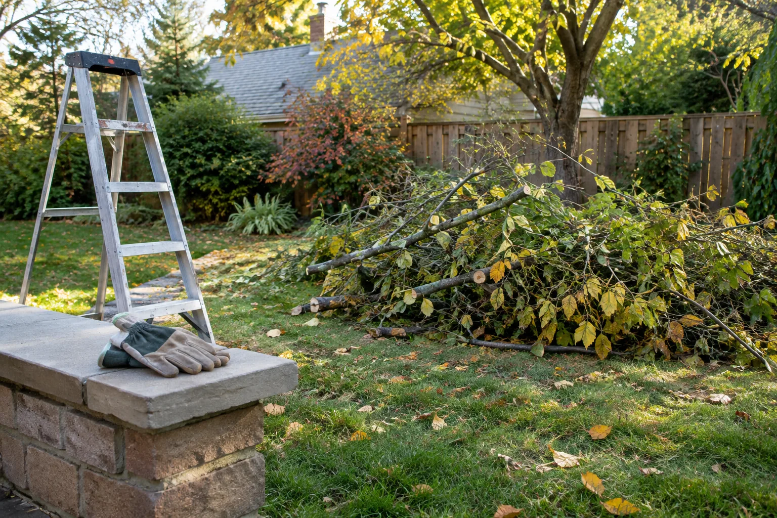 Cut branches on a backyard lawn beside a stepladder and work gloves